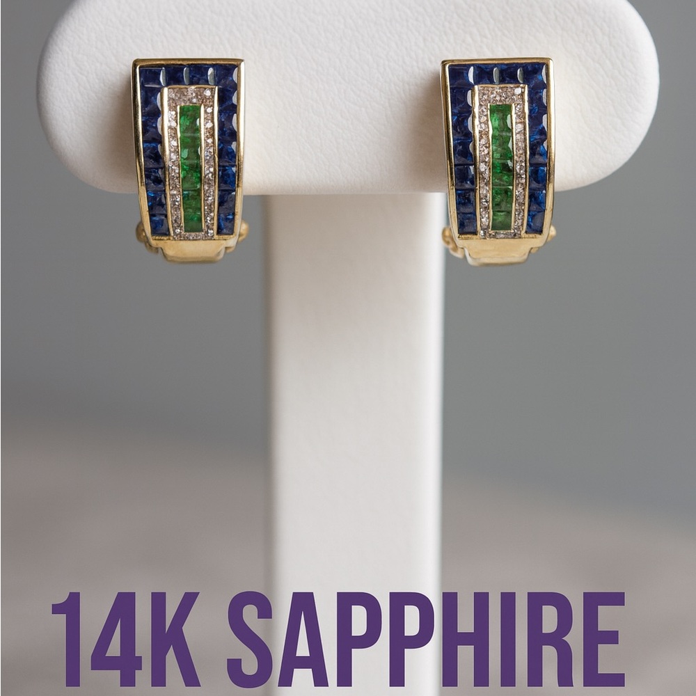 14K Art Deco Sapphire & Emerald Huggie Earrings – Blue & Green Gemstone